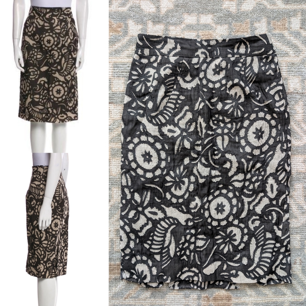 DVF Linen & Silk Blend Black and Beige Laser Cut Out Floral Skirt